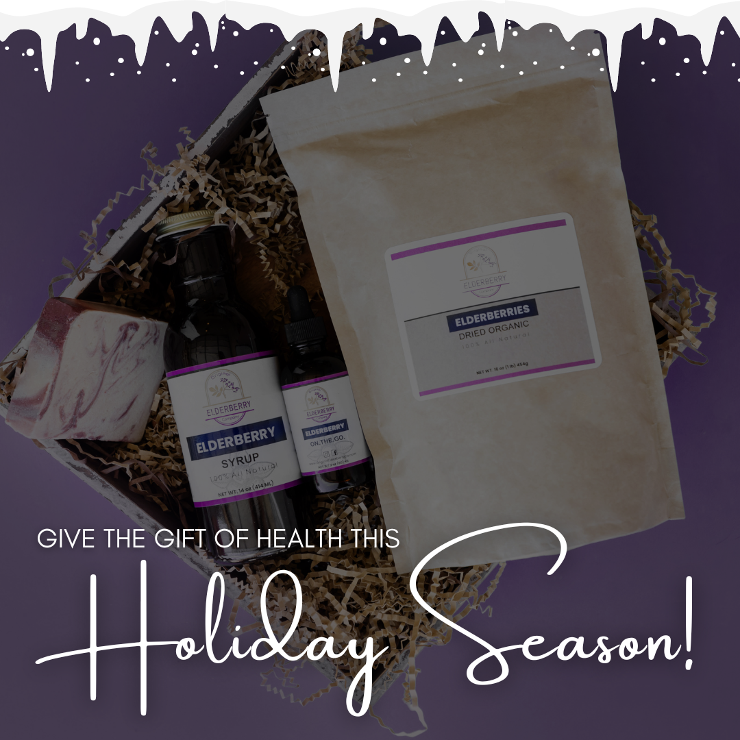 Holiday gift set of elderberry syrup, gummies, and tea
