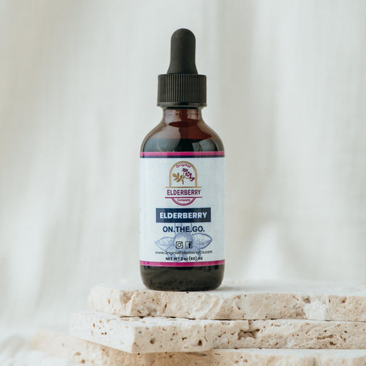 Bottle of Elderberry on the Go with a dropper on a light background